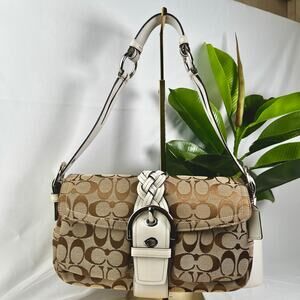 COACH Signature Monogram Beige and White Soho 6314 Shoulder Bag Silver Hardware